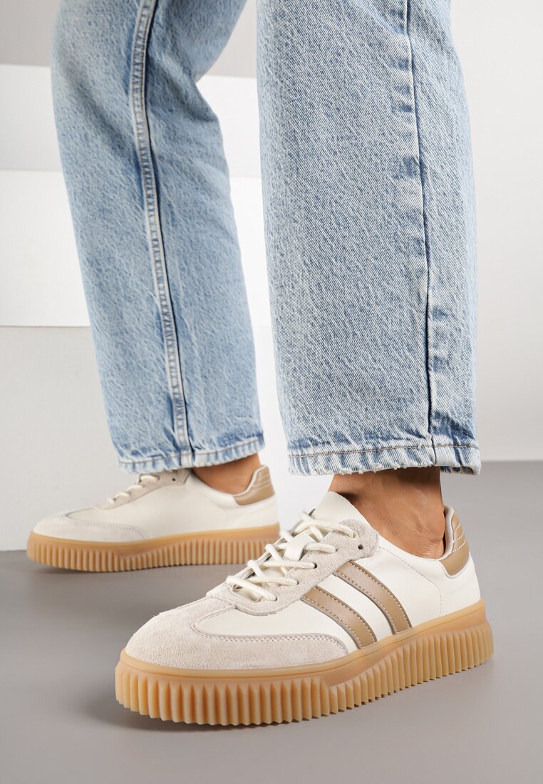 Beżowo-Brązowe Skórzane Sneakersy Klasyczne Tenisówki z Zamszu Naturalnego Teniresela