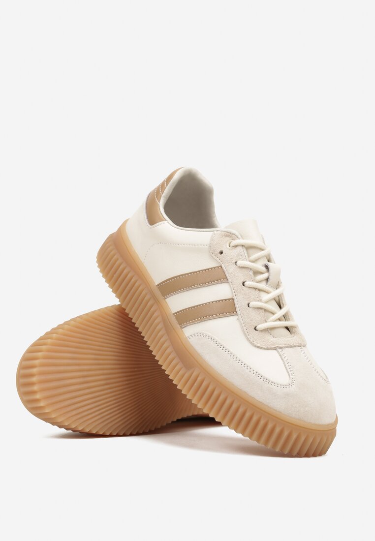 Beżowo-Brązowe Skórzane Sneakersy Klasyczne Tenisówki z Zamszu Naturalnego Teniresela