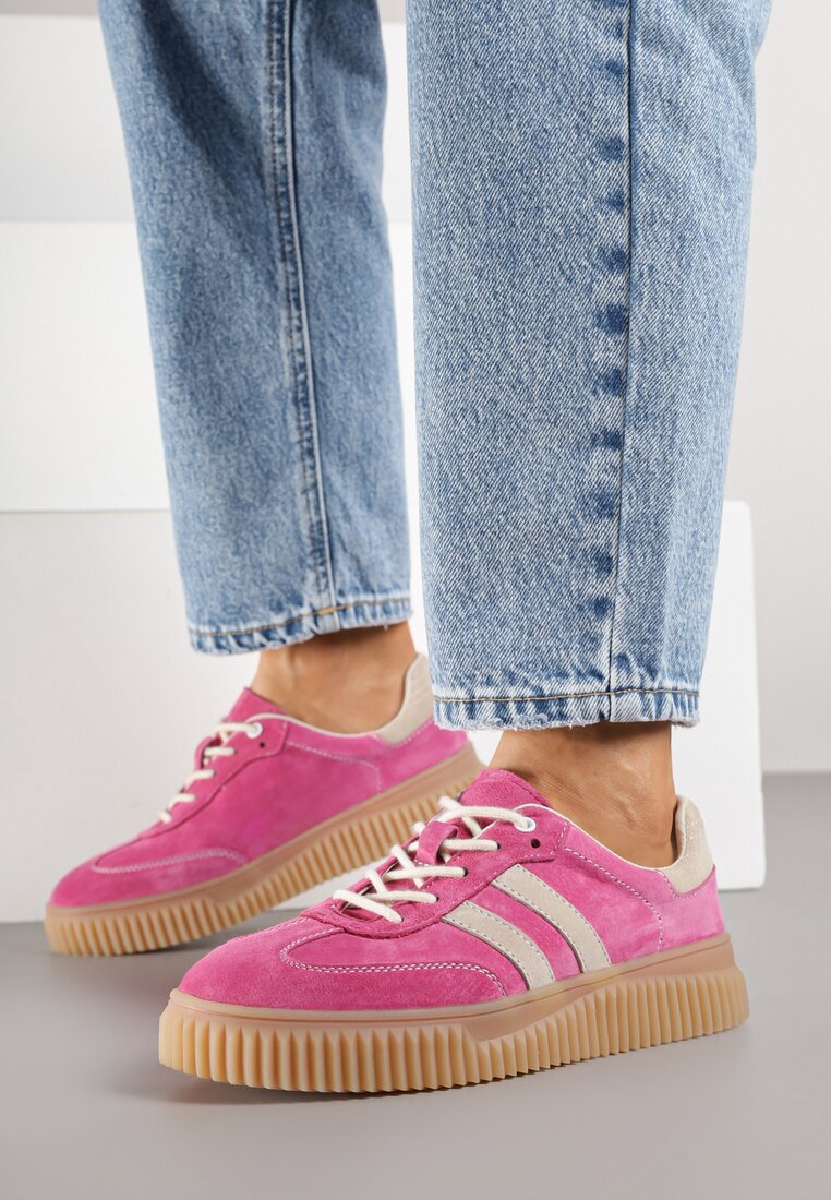 Fuksjowe Skórzane Sneakersy Klasyczne Tenisówki z Zamszu Naturalnego Teniresela