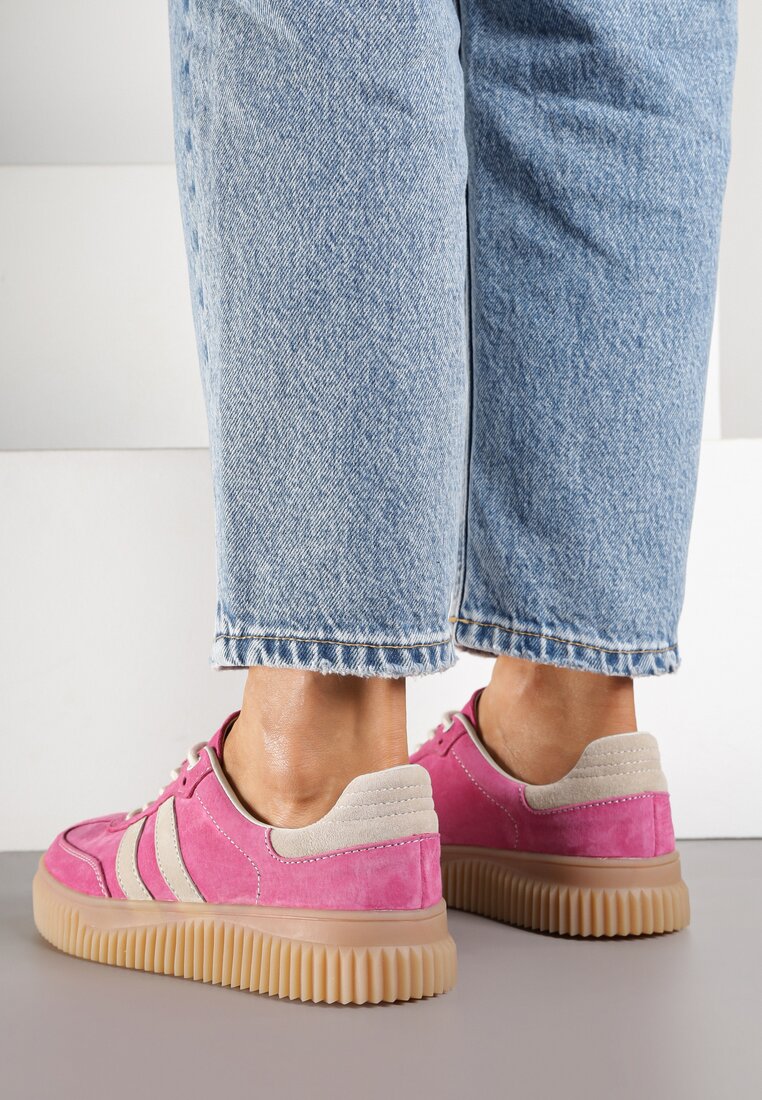 Fuksjowe Skórzane Sneakersy Klasyczne Tenisówki z Zamszu Naturalnego Teniresela