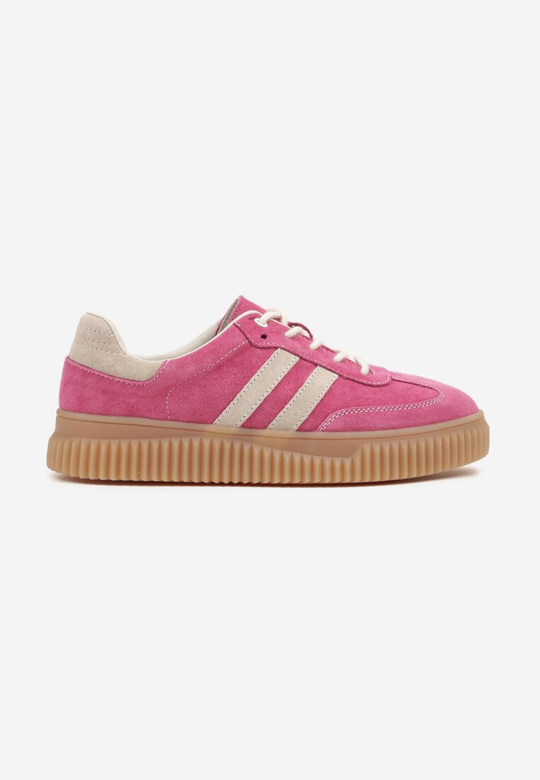 Fuksjowe Skórzane Sneakersy Klasyczne Tenisówki z Zamszu Naturalnego Teniresela