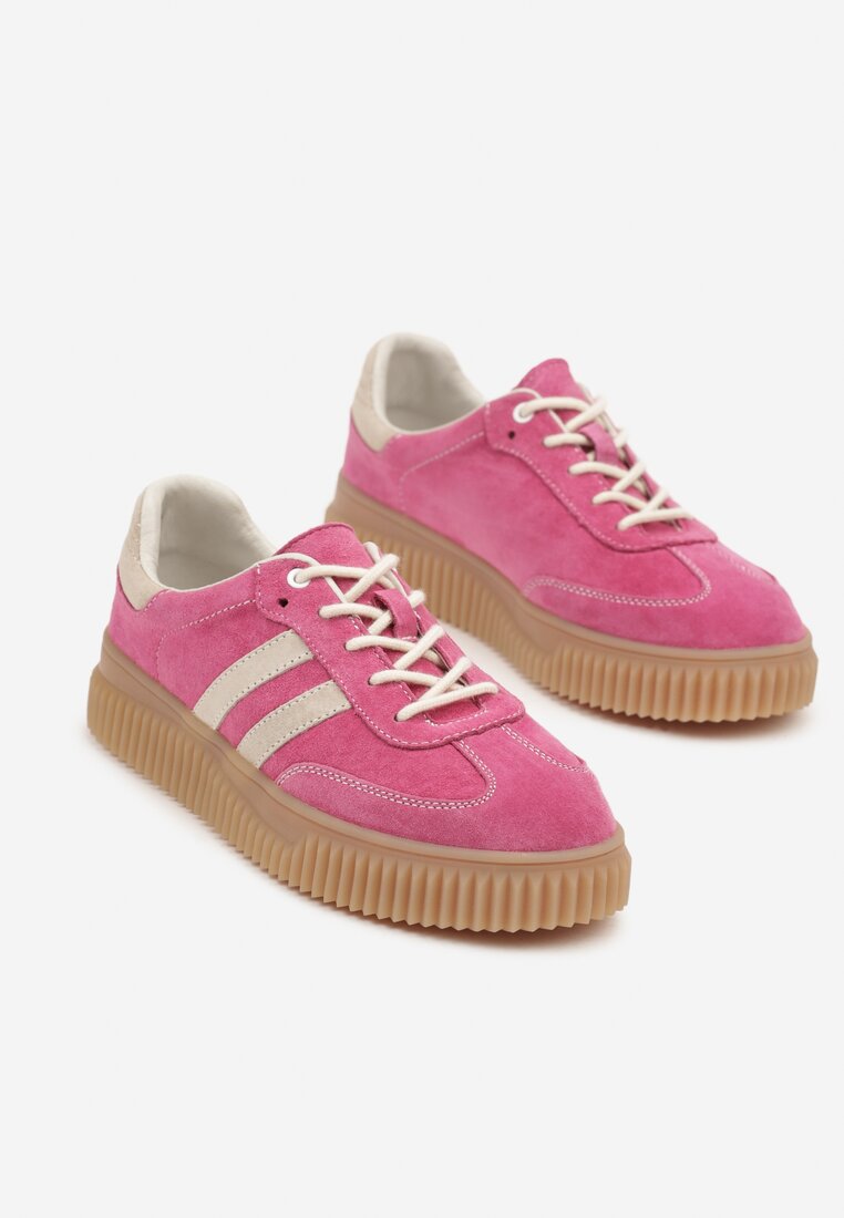 Fuksjowe Skórzane Sneakersy Klasyczne Tenisówki z Zamszu Naturalnego Teniresela