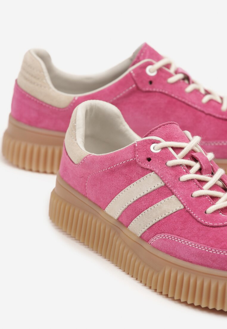 Fuksjowe Skórzane Sneakersy Klasyczne Tenisówki z Zamszu Naturalnego Teniresela