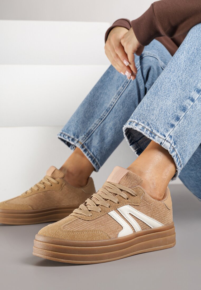 Ciemnobeżowe Sneakersy w Stylu Tenisówek na Grubej Podeszwie z Geometrycznym Wzorem Wevirra