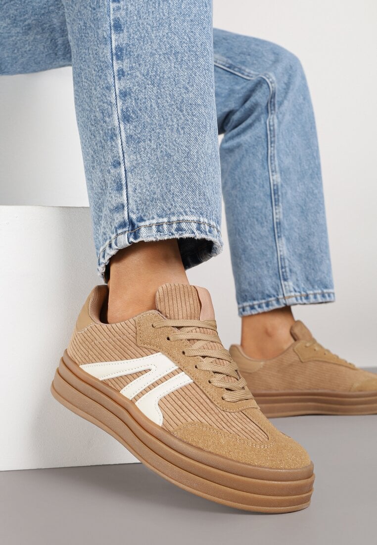 Ciemnobeżowe Sneakersy w Stylu Tenisówek na Grubej Podeszwie z Geometrycznym Wzorem Wevirra