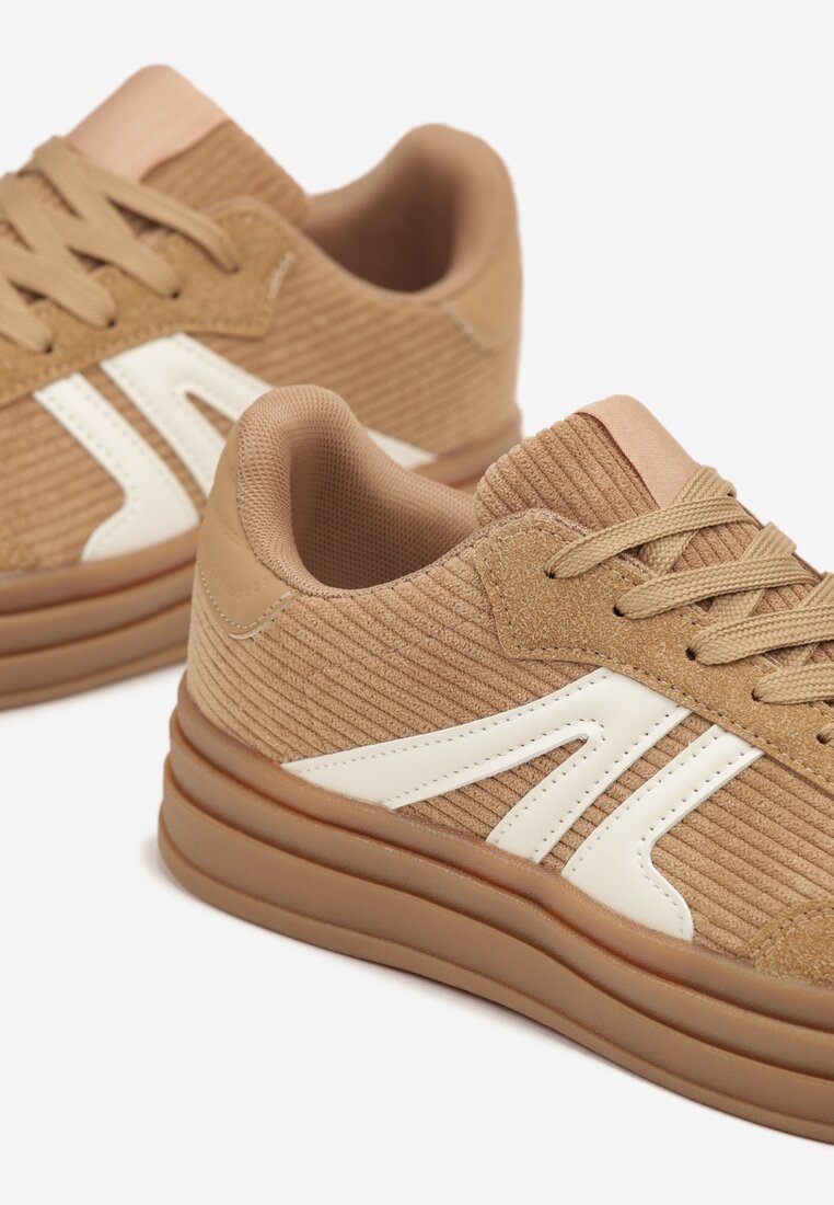 Ciemnobeżowe Sneakersy w Stylu Tenisówek na Grubej Podeszwie z Geometrycznym Wzorem Wevirra