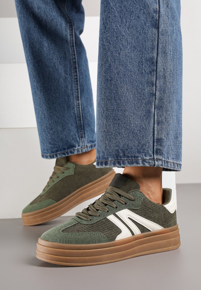 Zielone Sneakersy w Stylu Tenisówek na Grubej Podeszwie z Geometrycznym Wzorem Wevirra