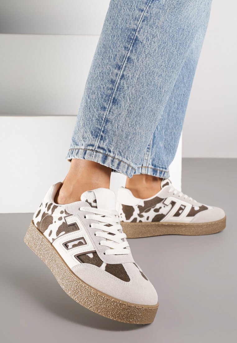 Beżowo-Brązowe Sneakersy z Geometrycznym Wzorem Adelnaria