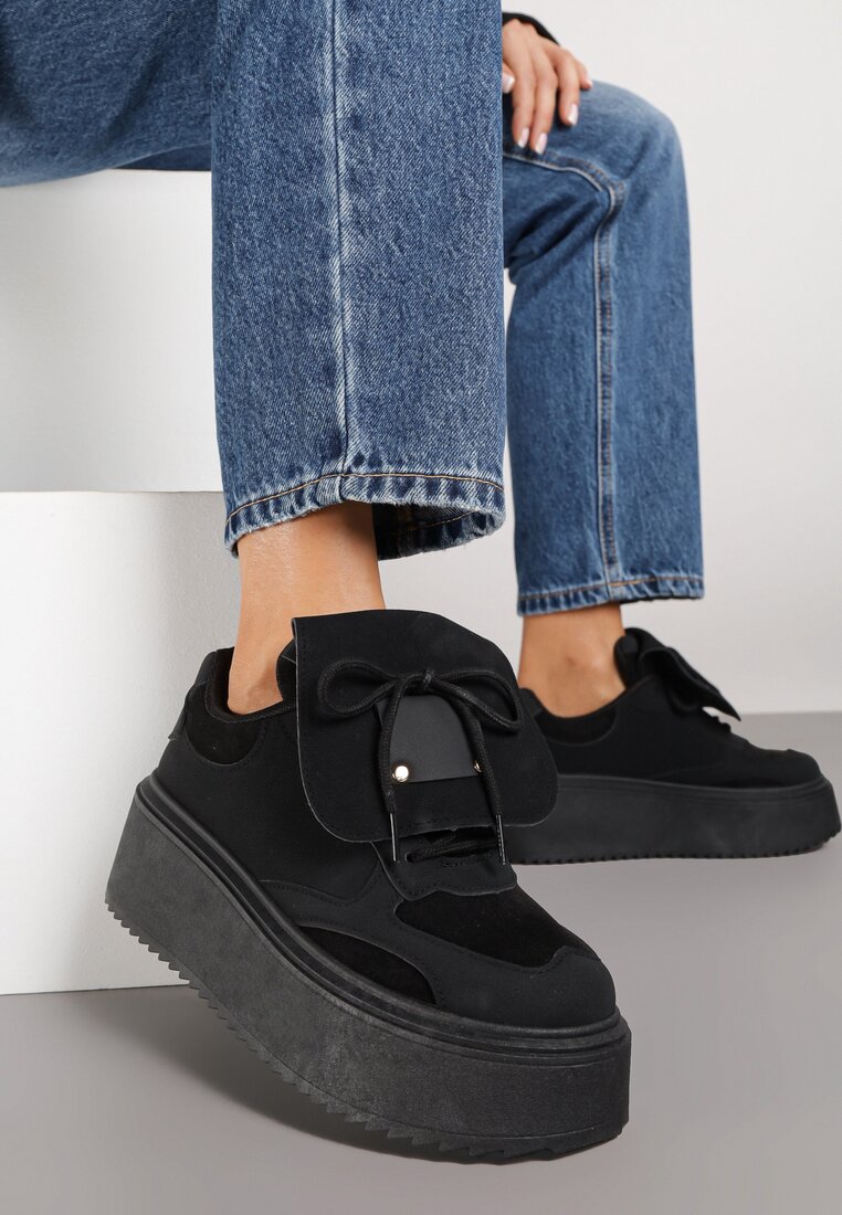 Czarne Sneakersy na Grubej Podeszwie z Wywiniętym Językiem i Kokardą Ellisare