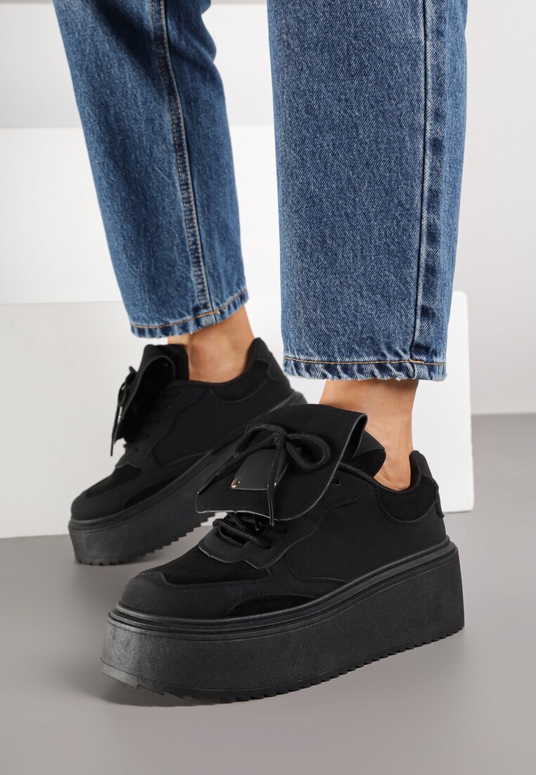 Czarne Sneakersy na Grubej Podeszwie z Wywiniętym Językiem i Kokardą Ellisare