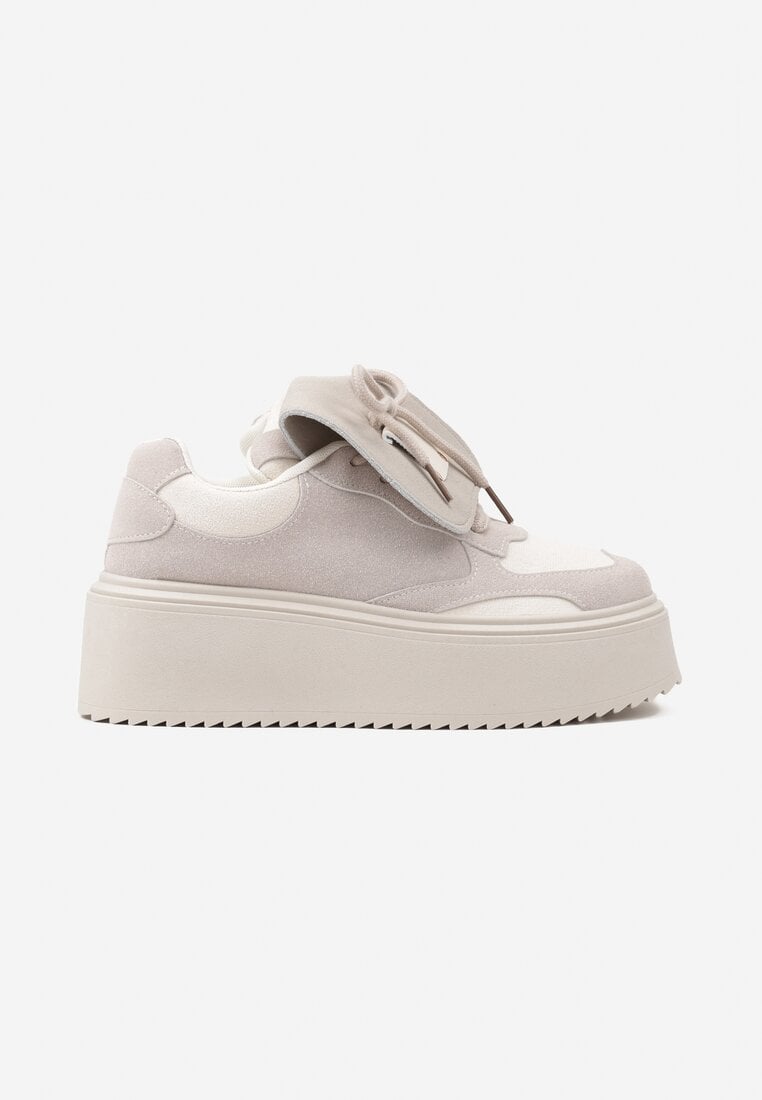 Beżowe Sneakersy na Grubej Podeszwie z Wywiniętym Językiem i Kokardą Ellisare
