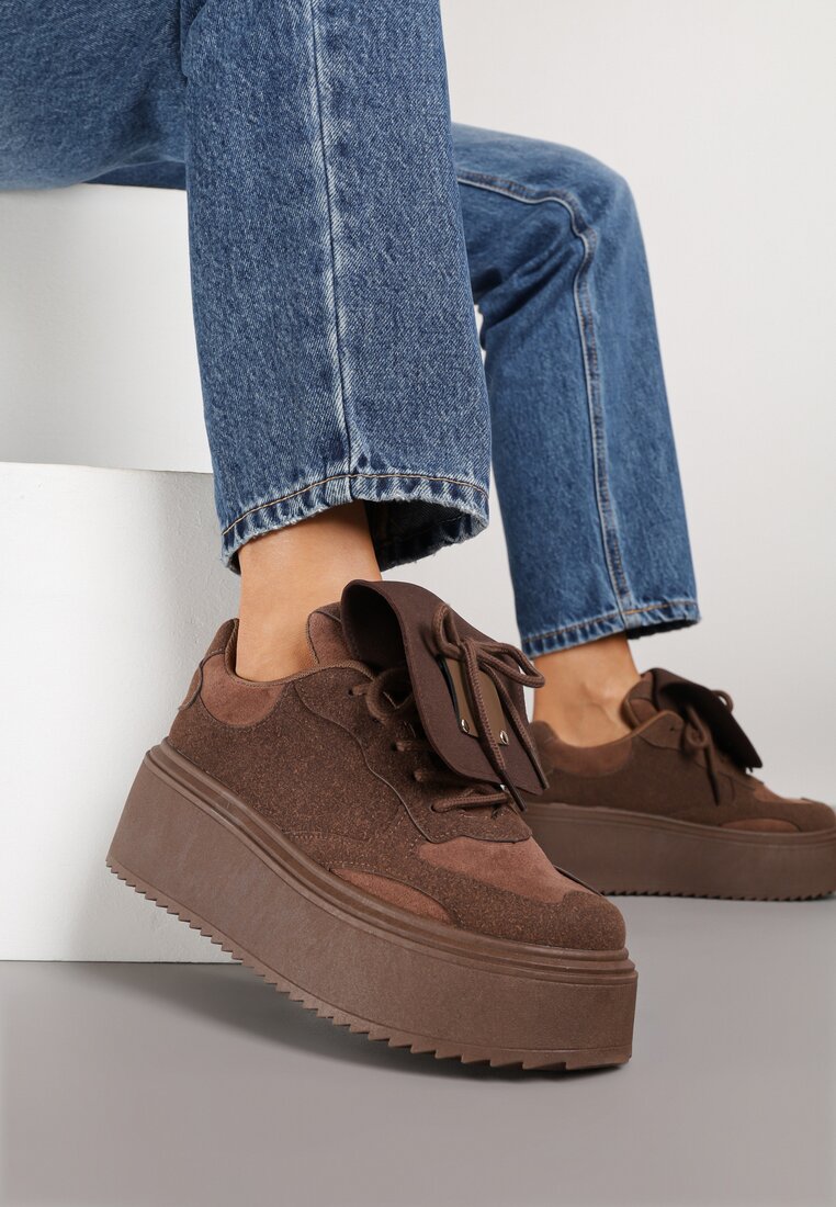 Brązowe Sneakersy na Grubej Podeszwie z Wywiniętym Językiem i Kokardą Ellisare