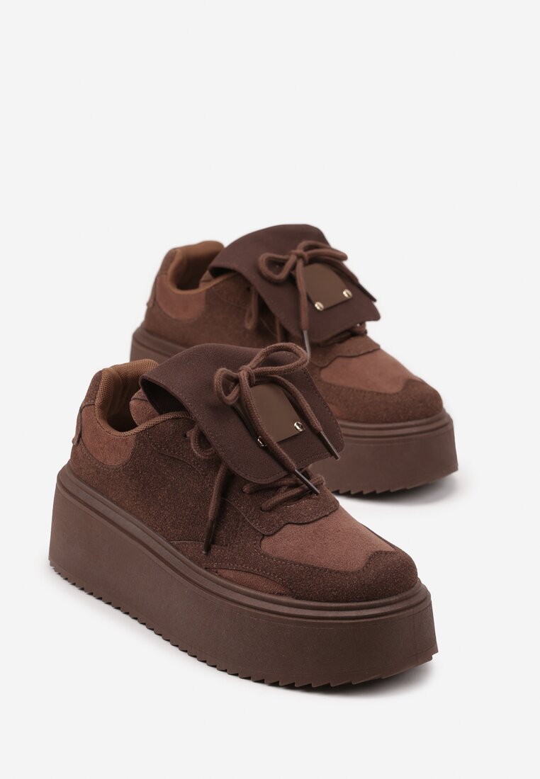Brązowe Sneakersy na Grubej Podeszwie z Wywiniętym Językiem i Kokardą Ellisare