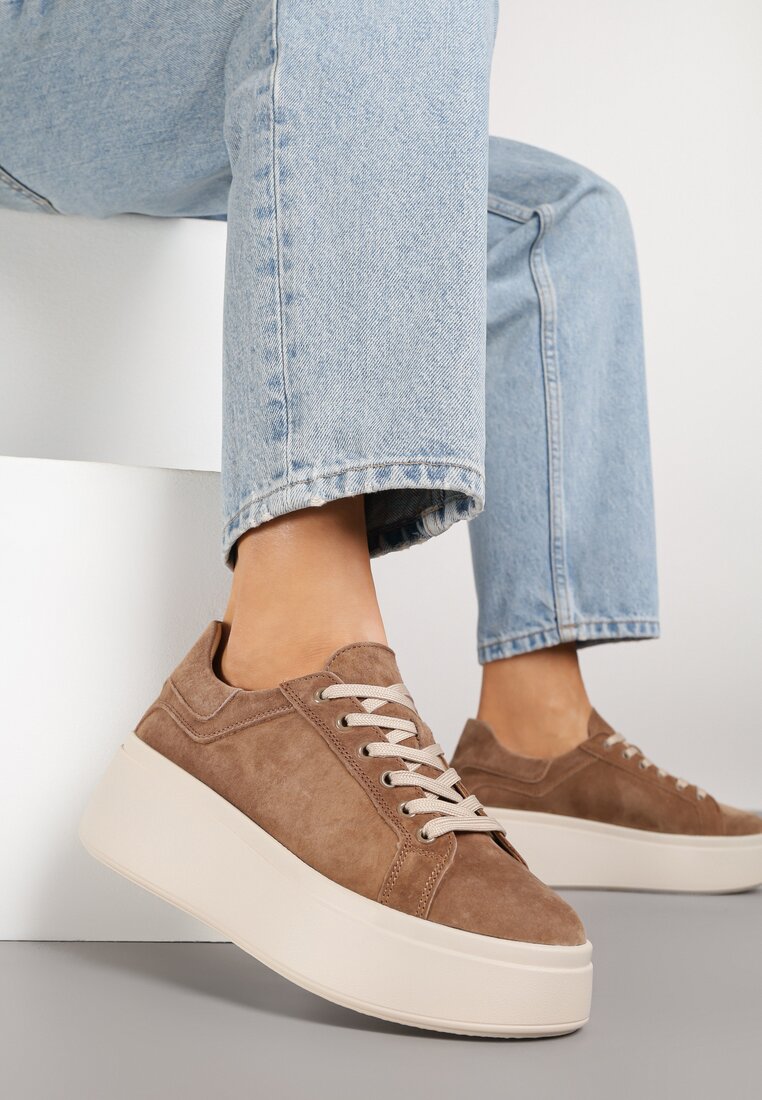 Brązowe Zamszowe Sneakersy na Grubej Podeszwie Nalimiree