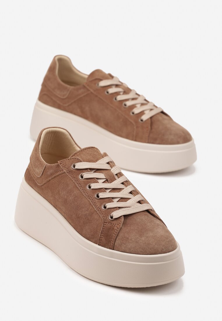 Brązowe Zamszowe Sneakersy na Grubej Podeszwie Nalimiree