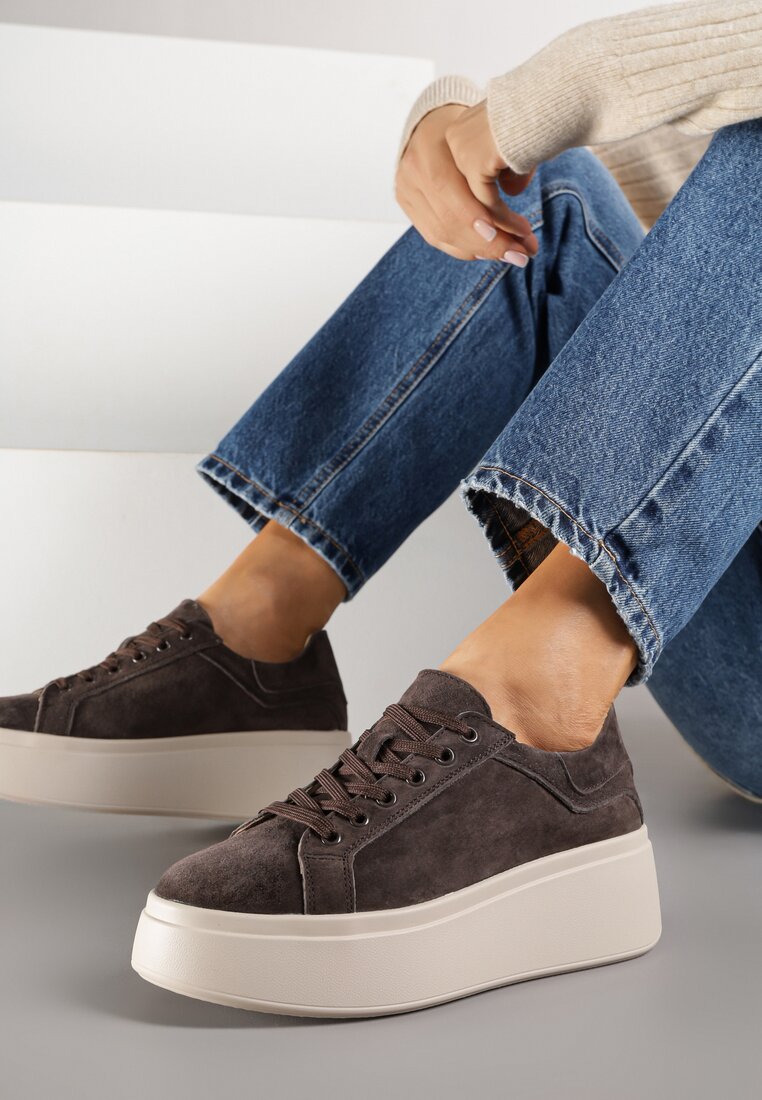 Ciemnobrązowe Zamszowe Sneakersy na Grubej Podeszwie Nalimiree