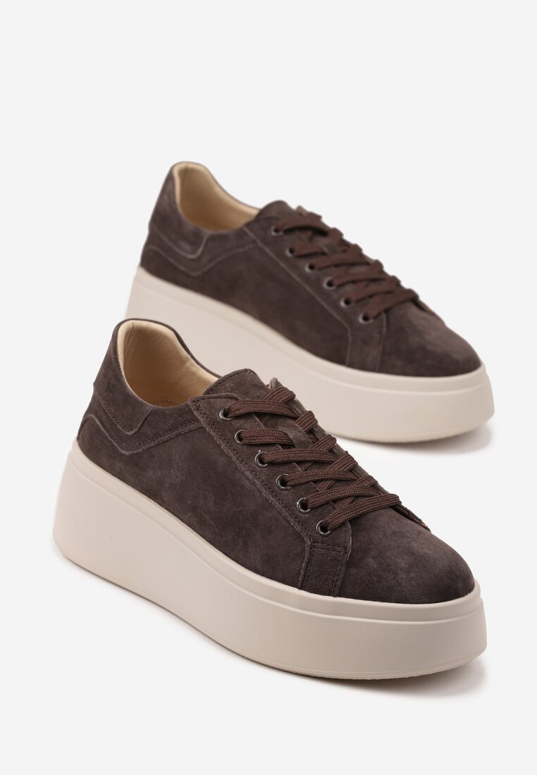 Ciemnobrązowe Zamszowe Sneakersy na Grubej Podeszwie Nalimiree