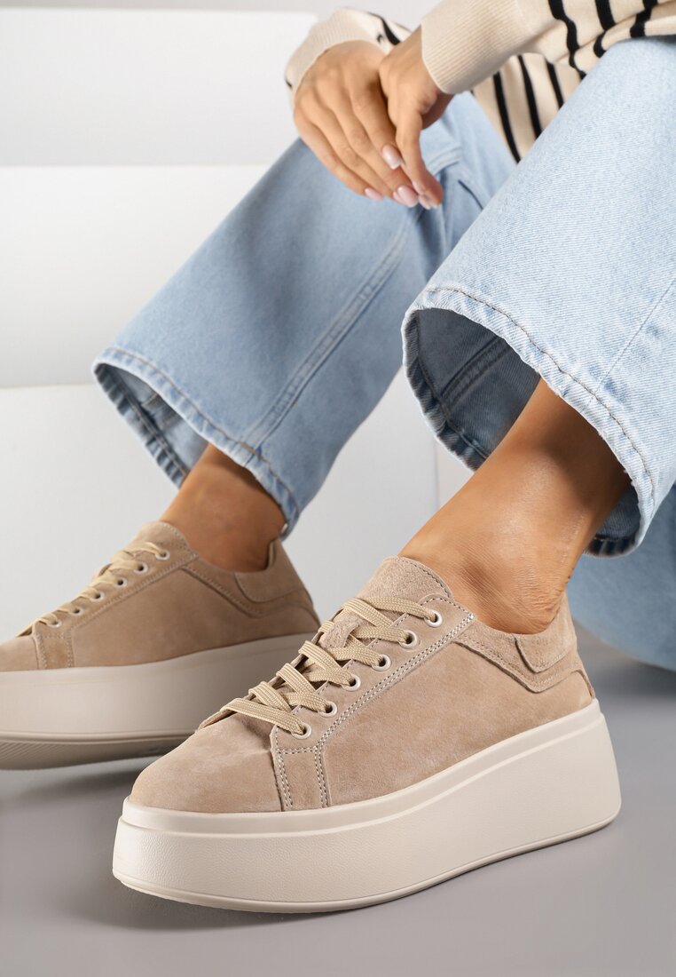 Beżowe Zamszowe Sneakersy na Grubej Podeszwie Nalimiree