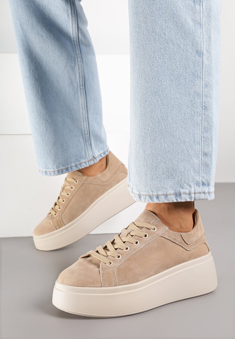 Beżowe Zamszowe Sneakersy na Grubej Podeszwie Nalimiree
