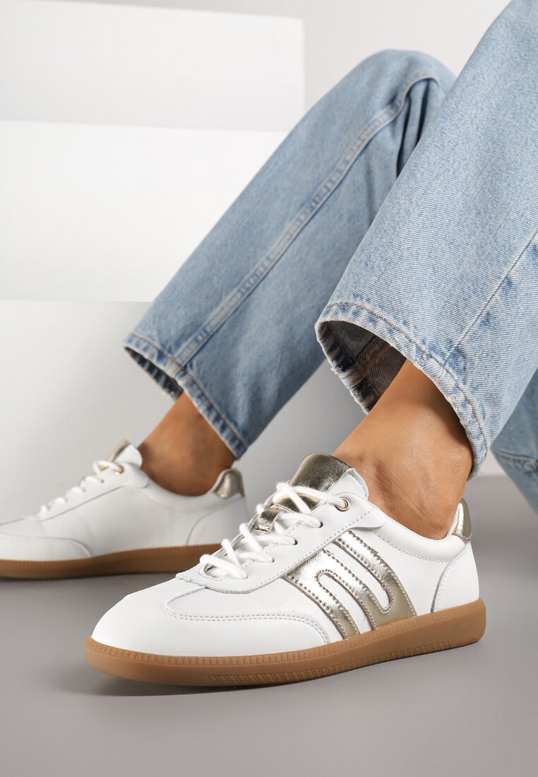 Białe Skórzane Sneakersy w Stylu Tenisówek z Geometrycznym Zdobieniem Zaravella