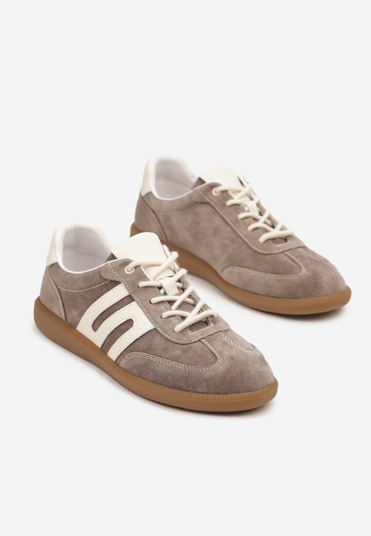 Brązowe Skórzane Sneakersy w Stylu Tenisówek z Geometrycznym Zdobieniem Zaravella