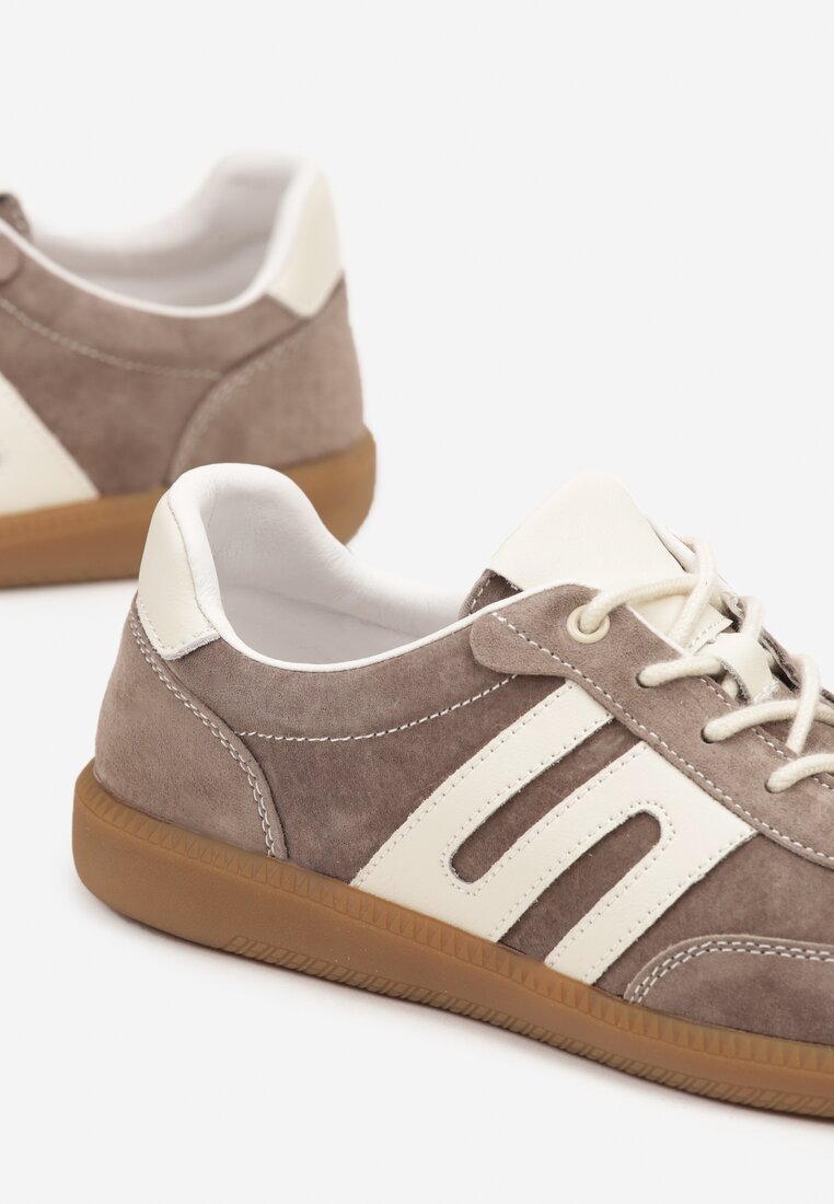 Brązowe Skórzane Sneakersy w Stylu Tenisówek z Geometrycznym Zdobieniem Zaravella