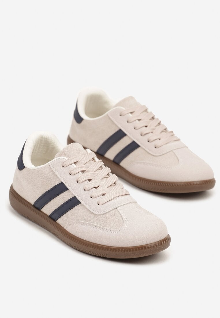 Beżowo-Granatowe Buty Sportowe Sneakersy z Paskami z Boku Nalovelle