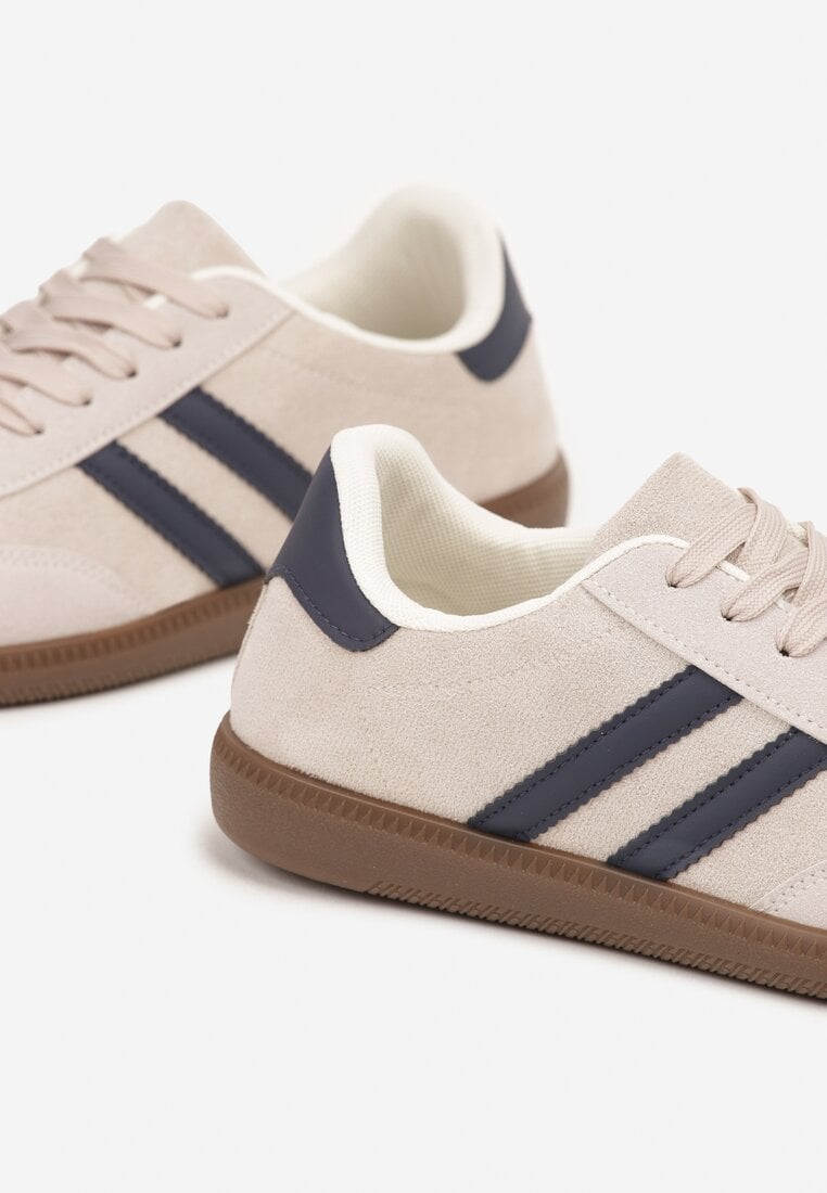 Beżowo-Granatowe Buty Sportowe Sneakersy z Paskami z Boku Nalovelle