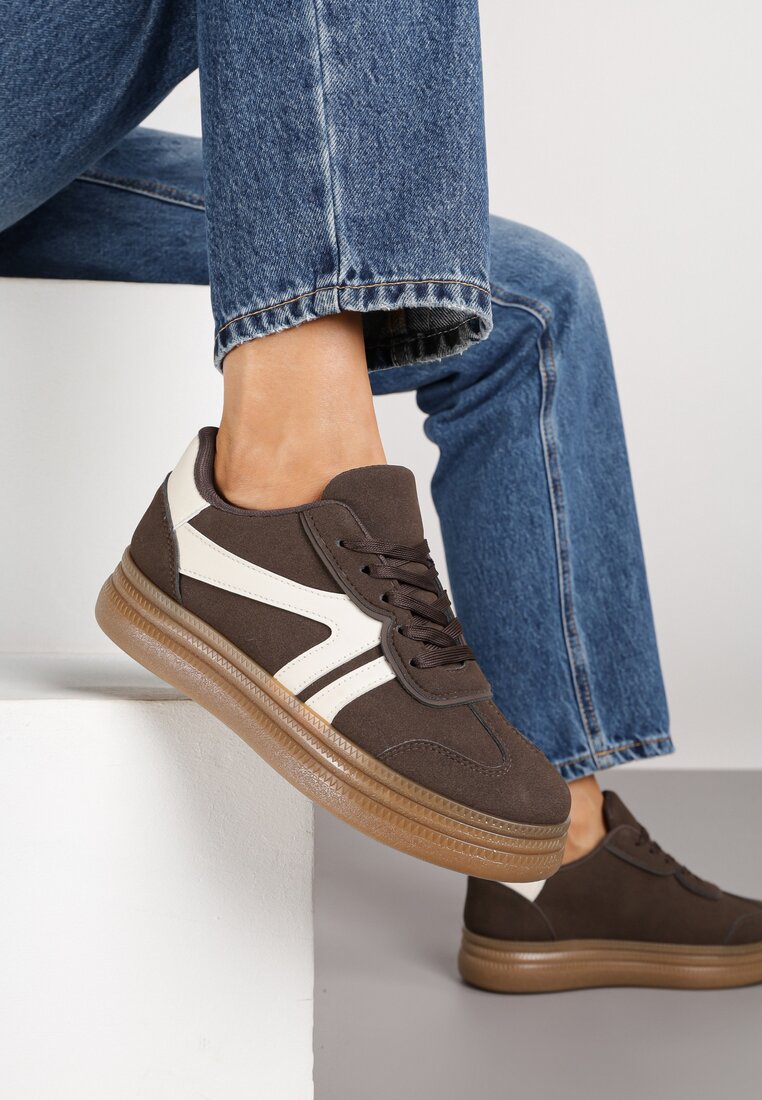 Brązowe Sneakersy w Stylu Tenisówek z Paskami Wiatalle