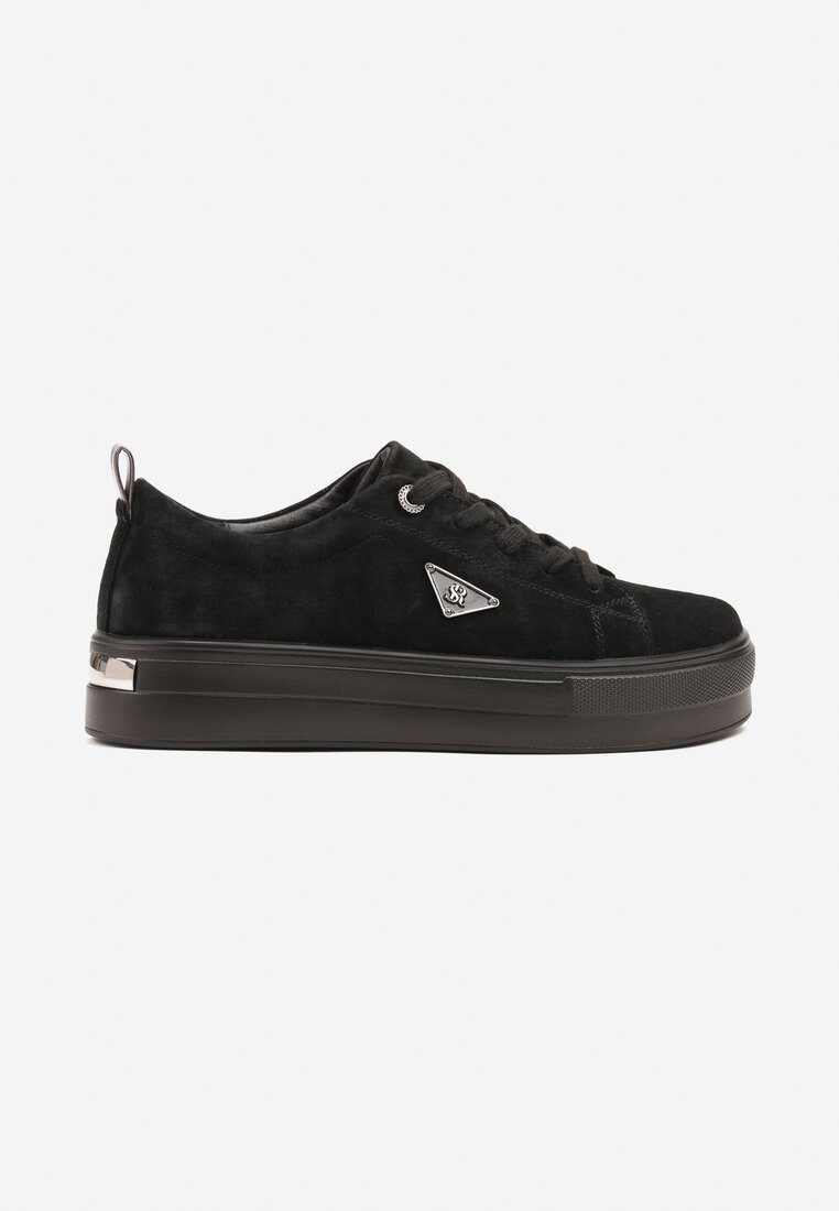 Czarne Zamszowe Sneakersy na Grubej Podeszwie z Metaliczną Ozdobą Messle
