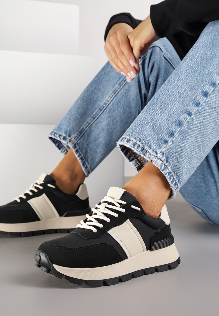 Czarno-Beżowe Sneakersy na Grubej Podeszwie Ellitte