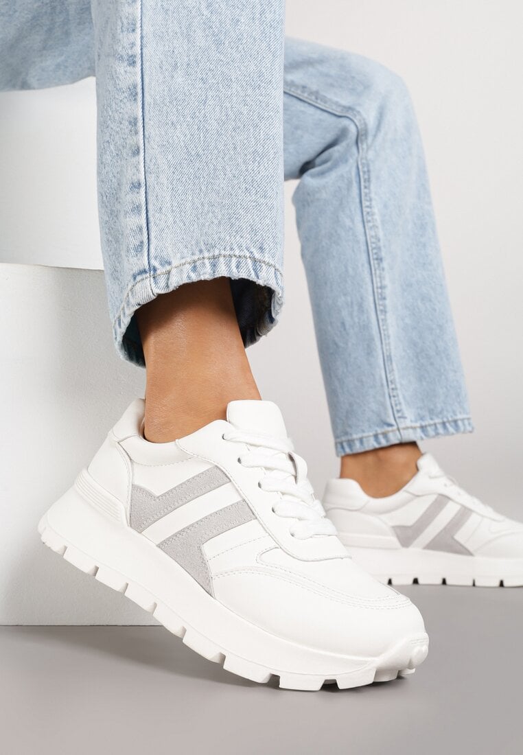 Biało-Szare Sneakersy z Ozdobnymi Przeszyciami Alentia
