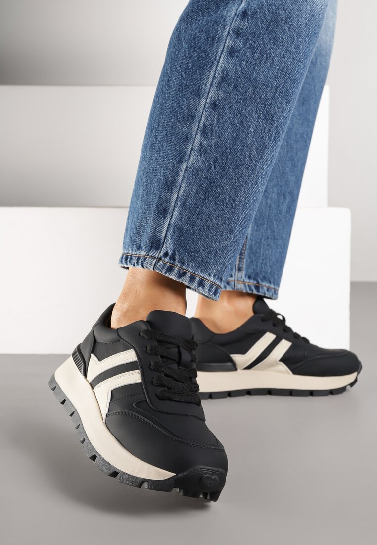 Czarno-Beżowe Sneakersy z Ozdobnymi Przeszyciami Alentia