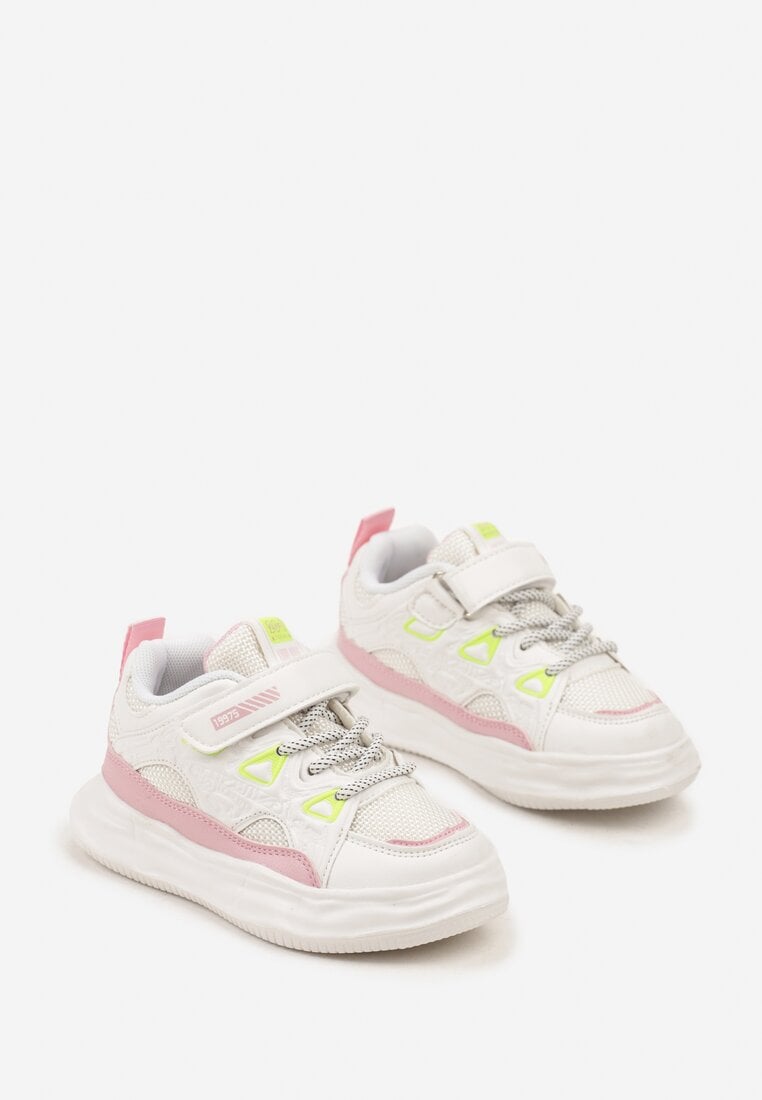 Biało-Różowe Buty Sportowe Sneakersy na Rzep ze Skórzaną Wkładką Falinea