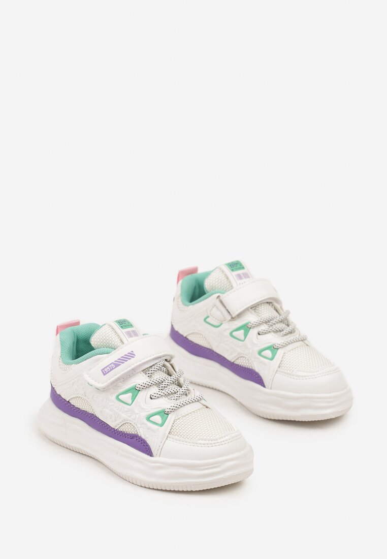 Biało-Fioletowe Buty Sportowe Sneakersy na Rzep ze Skórzaną Wkładką Falinea