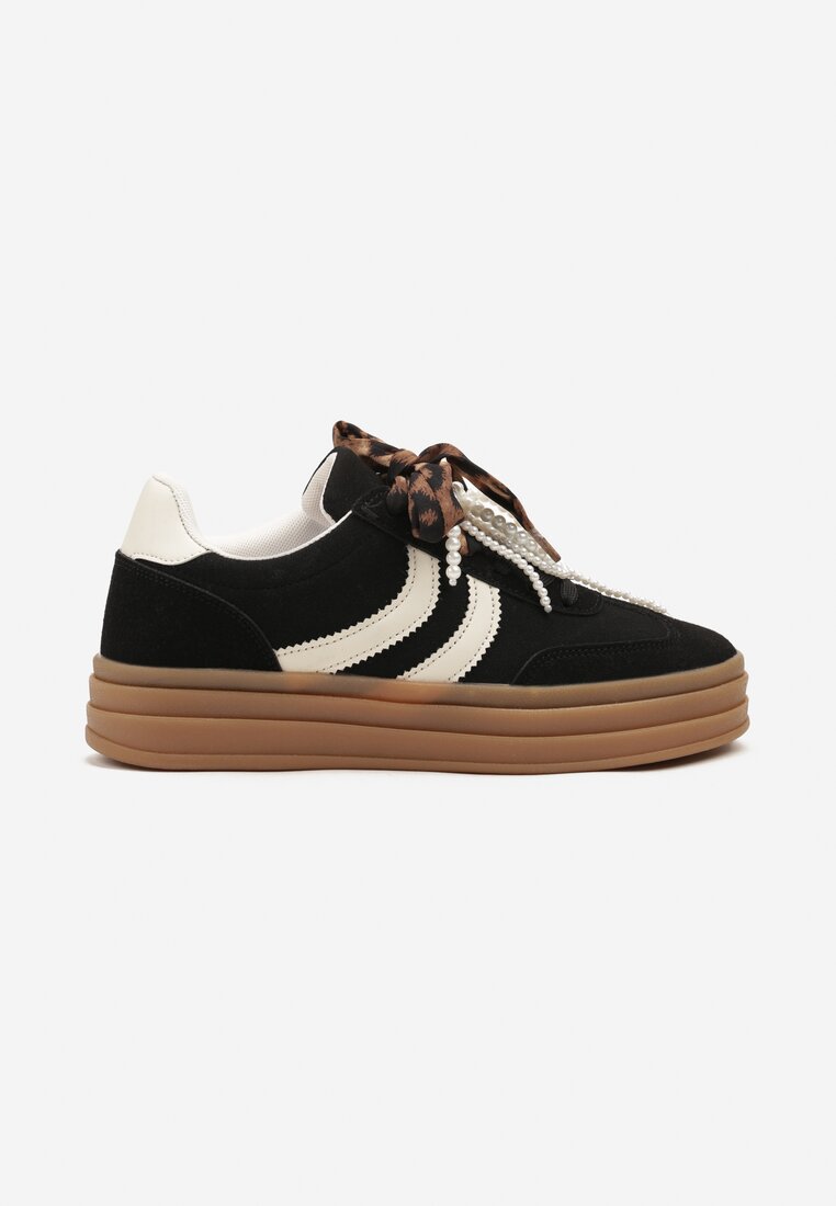 Czarne Sneakersy w Stylu Tenisówek na Grubej Podeszwie z Tłoczeniem i Perłami Asortte