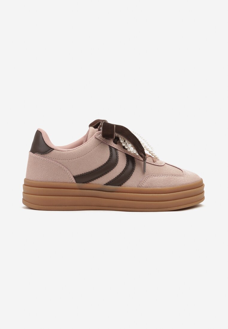 Różowe Sneakersy w Stylu Tenisówek na Grubej Podeszwie z Tłoczeniem i Perłami Asortte