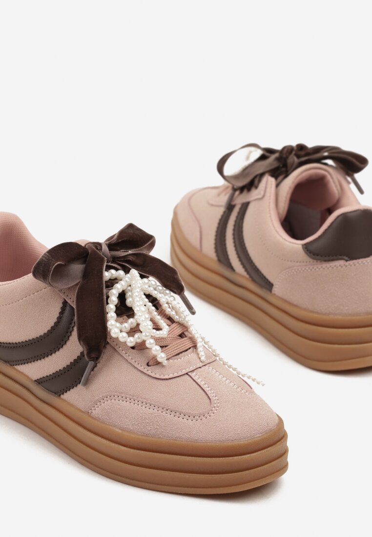 Różowe Sneakersy w Stylu Tenisówek na Grubej Podeszwie z Tłoczeniem i Perłami Asortte