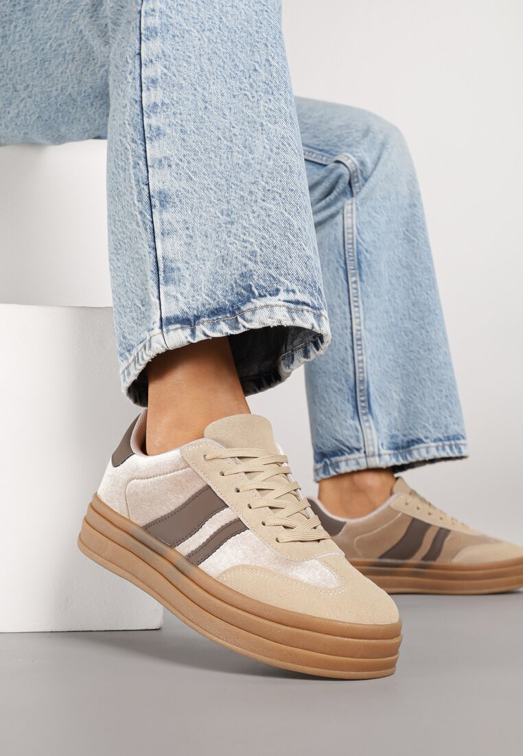 Ciemnobeżowe Sneakersy w Stylu Klasycznych Tenisówek na Grubej Podeszwie Tuluvia