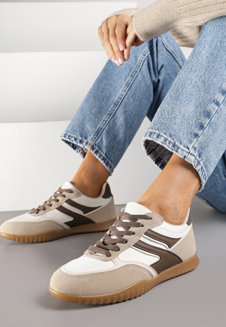 Ciemnobeżowe Sneakersy w Stylu Tenisówek Ozdobione Geometrycznym Wzorem Fesilia