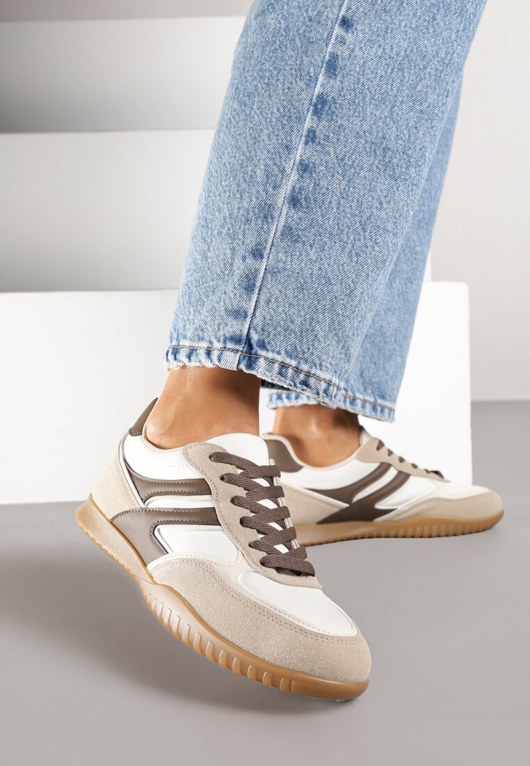 Ciemnobeżowe Sneakersy w Stylu Tenisówek Ozdobione Geometrycznym Wzorem Fesilia