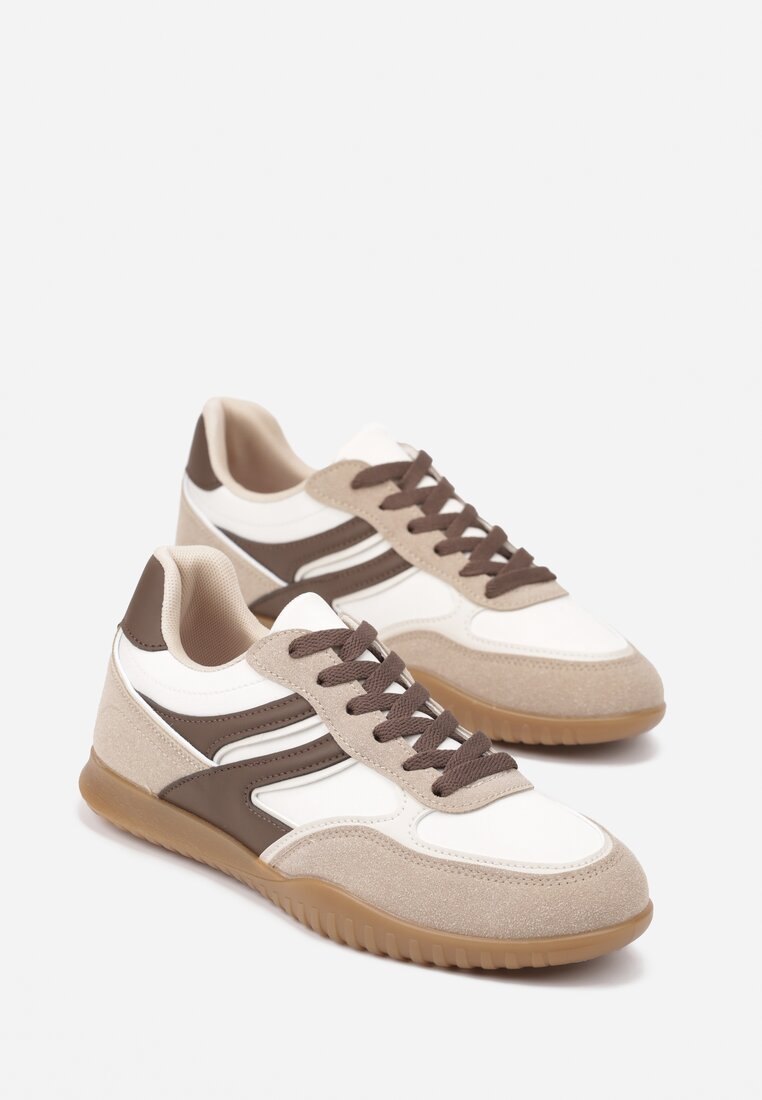 Ciemnobeżowe Sneakersy w Stylu Tenisówek Ozdobione Geometrycznym Wzorem Fesilia
