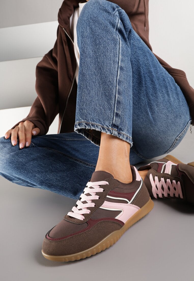 Brązowe Sneakersy w Stylu Tenisówek Ozdobione Geometrycznym Wzorem Fesilia