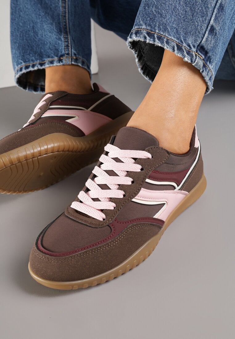Brązowe Sneakersy w Stylu Tenisówek Ozdobione Geometrycznym Wzorem Fesilia