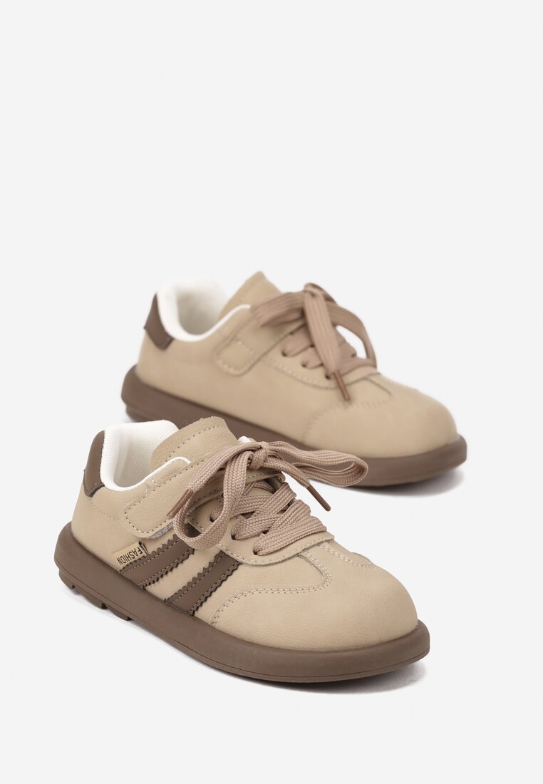 Ciemnobeżowe Buty Sportowe Sneakersy Typu Tenisówki ze Skórzaną Wkładką Hottane