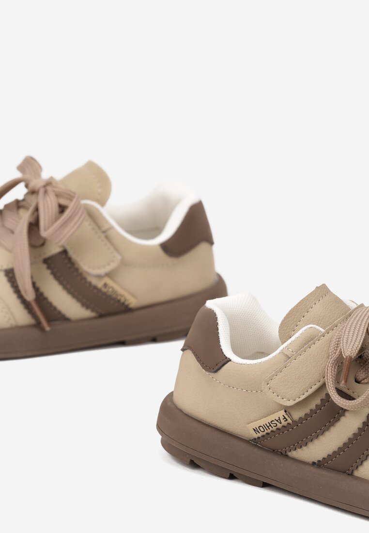 Ciemnobeżowe Buty Sportowe Sneakersy Typu Tenisówki ze Skórzaną Wkładką Hottane
