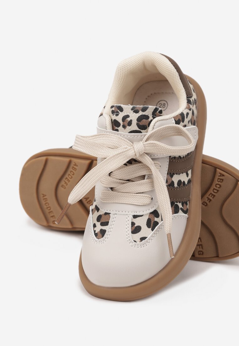 Beżowe Buty Sportowe Sneakersy Typu Tenisówki ze Skórzaną Wkładką Hottane