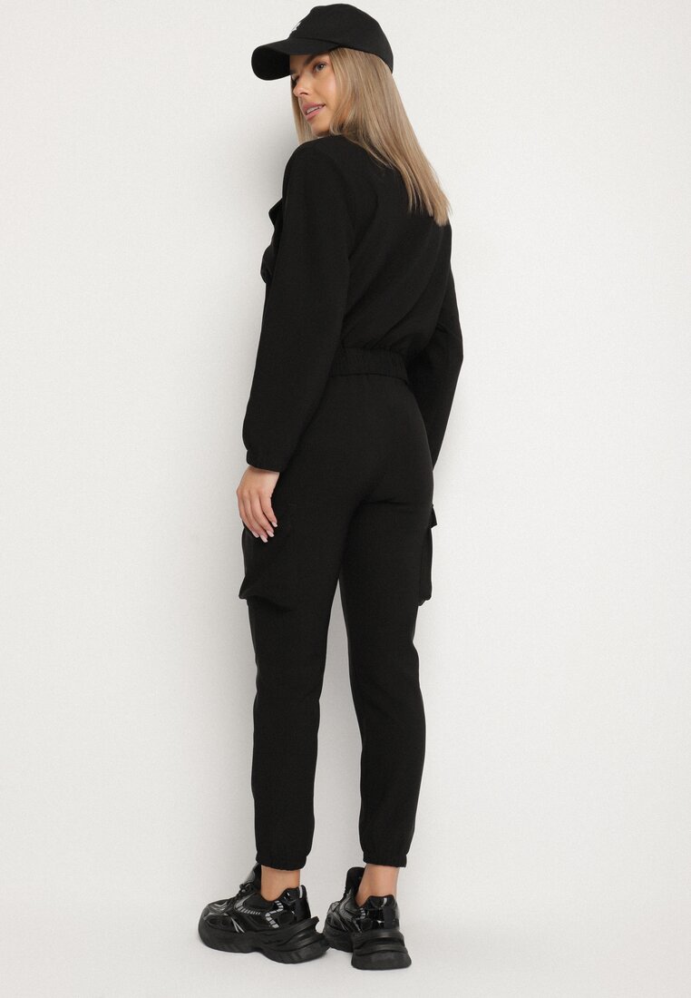 Czarny Komplet Dresowy w Stylu Cargo Bluza na Suwak i Joggery Sitene