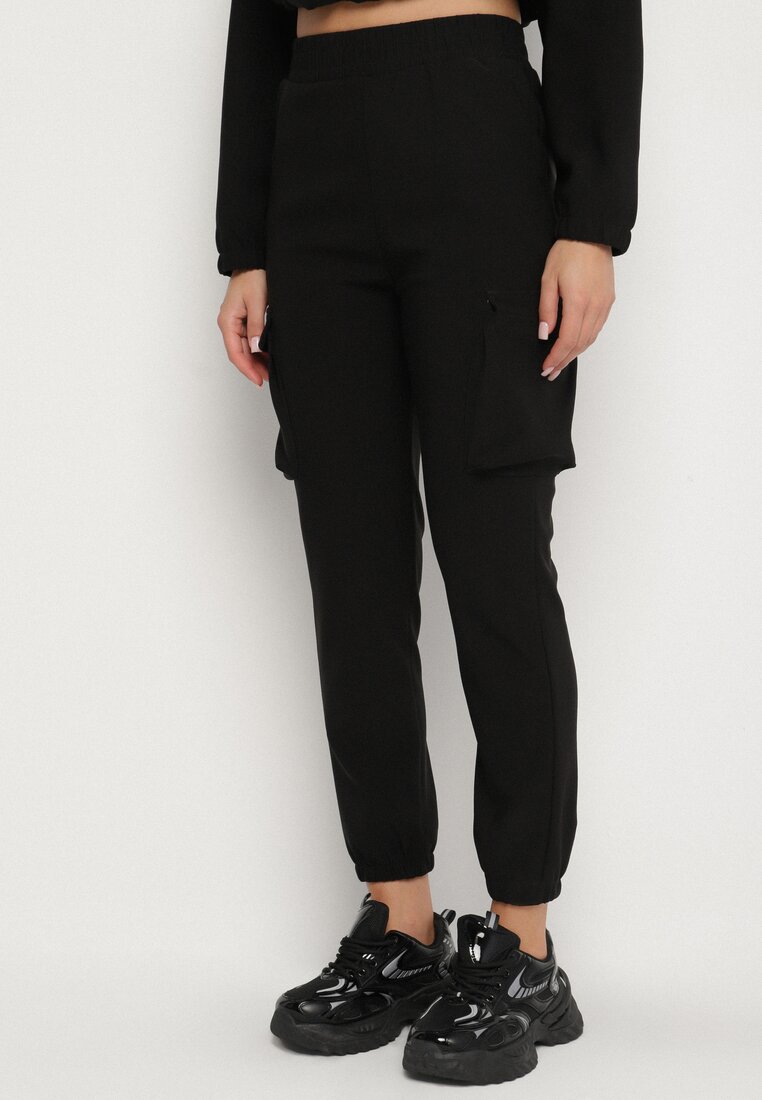 Czarny Komplet Dresowy w Stylu Cargo Bluza na Suwak i Joggery Sitene