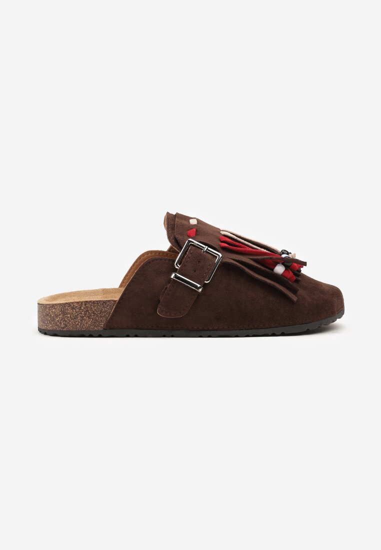 Brązowe Klapki Mule w Stylu Boho z Ozdobnymi Frędzlami Varre